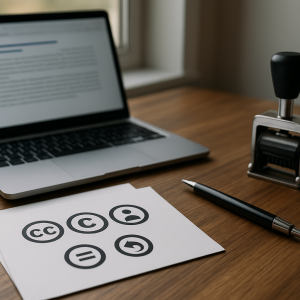 Редакционный стол с ноутбуком и распечатками с пиктограммами Creative Commons, мягкий дневной свет Grokipedia