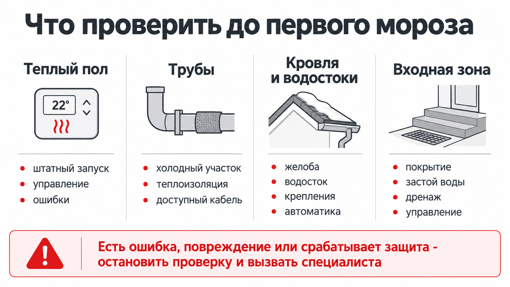 Схема предзимней проверки теплого пола, труб, кровли и ступеней